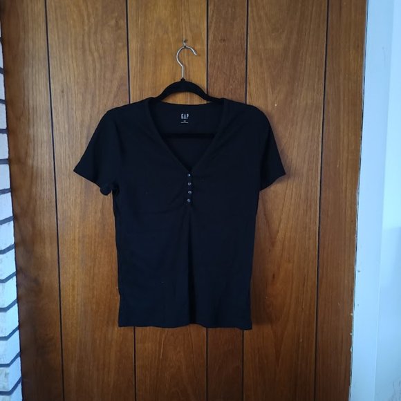 Gap Black Women's V-Neck Button Top - Short Sleeve - Size S Chic Elegance - Picture 4 of 6